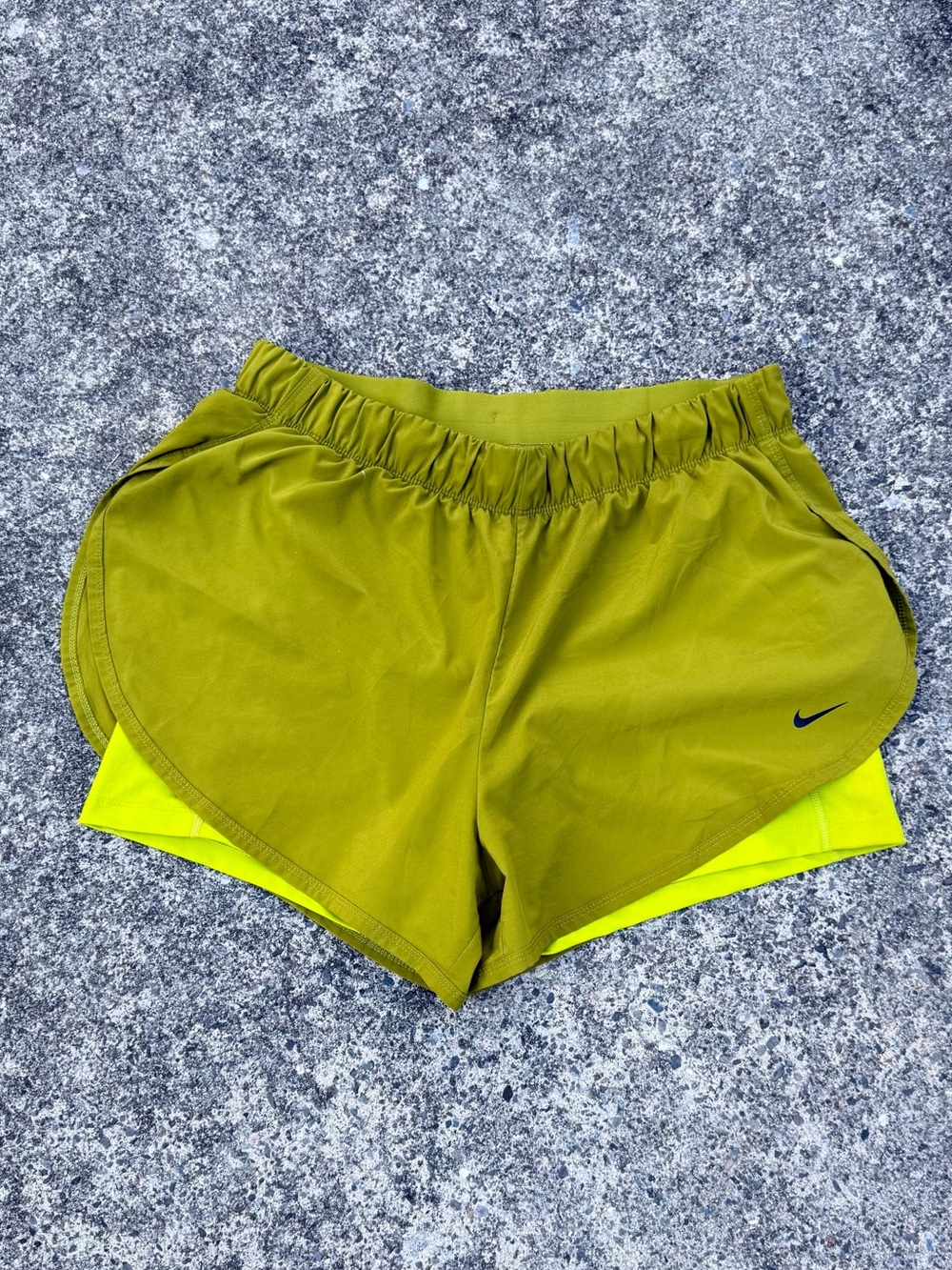 Nike Olive Green Women’s Athletic Running Shorts with Neon Green Liner | XL